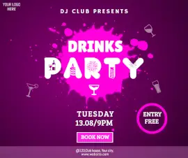 Online Editable Dark Magenta Drinks Party Announcement Facebook Post
