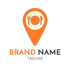 Create an Orange and White Location Icon with Plate and Spoon Shaped Logo