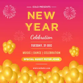 Online Editable New Year Celebration Invitation with Balloons and Crackers Instagram Post