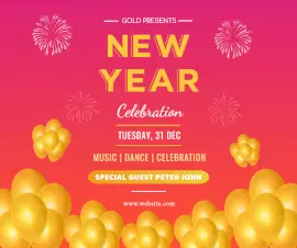 Online Editable New Year Celebration Invitation with Balloons and Crackers Facebook Post