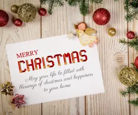 Online Editable Merry Christmas Wish Sticker and Ornaments on Wooden Table Facebook Post