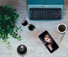 Online Editable Blue Photo on Table Photo Mockup