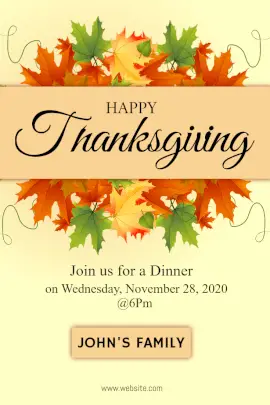 Online Editable Thanksgiving Dinner Design with Autumn leaves Pinterest Graphic