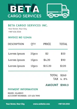 Online Editable Green and White Cargo Service Payment Invoice