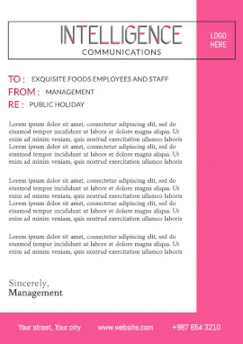 Online Editable Pink and White Public Holiday Memo Documents