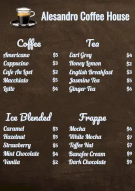 Online Editable Coffee House Menu