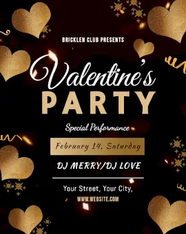 Online Editable Golden Glitter Hearts Valentine's Day DJ Party Animated Design