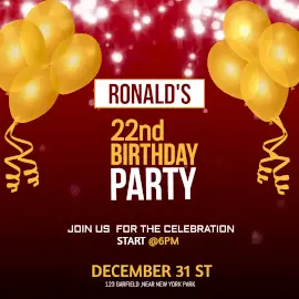 Online Editable Red & Yellow 22nd Birthday Party Animated Design