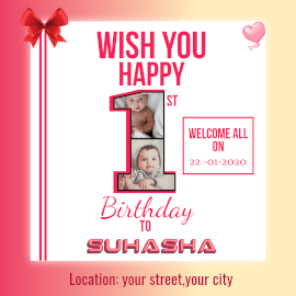 Online Editable Child 1st Birthday Celebration Invitation 2 Grid Photo Collage