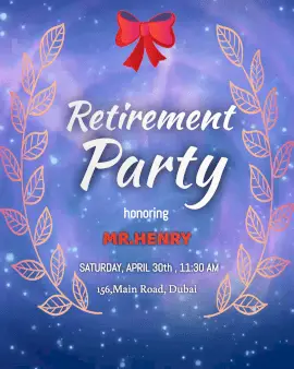 Online Editable Olive Leaves Vector Retirement Party Animated Design