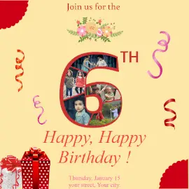 Online Editable 6th Happy Birthday Celebration Event 5 Grid Photo Collage