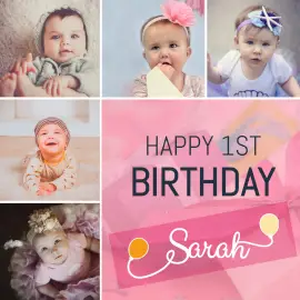 Online Editable Baby Girl First Birthday 5 Grid Photo Collage