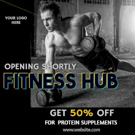 Online Editable Opening Offer for Protein Supplements in Fitness Hub Instagram Post