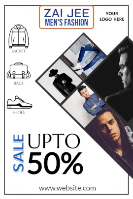 Online Editable Men's Fashion Clothing Sale 50% Off Pinterest Graphic