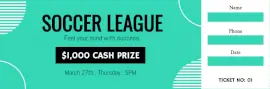 Online Editable Moderate Cyan and White Soccer League Ticket