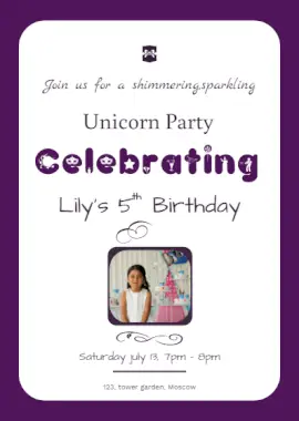 Online Editable Unicorn Themed Birthday Party Portrait Invitation