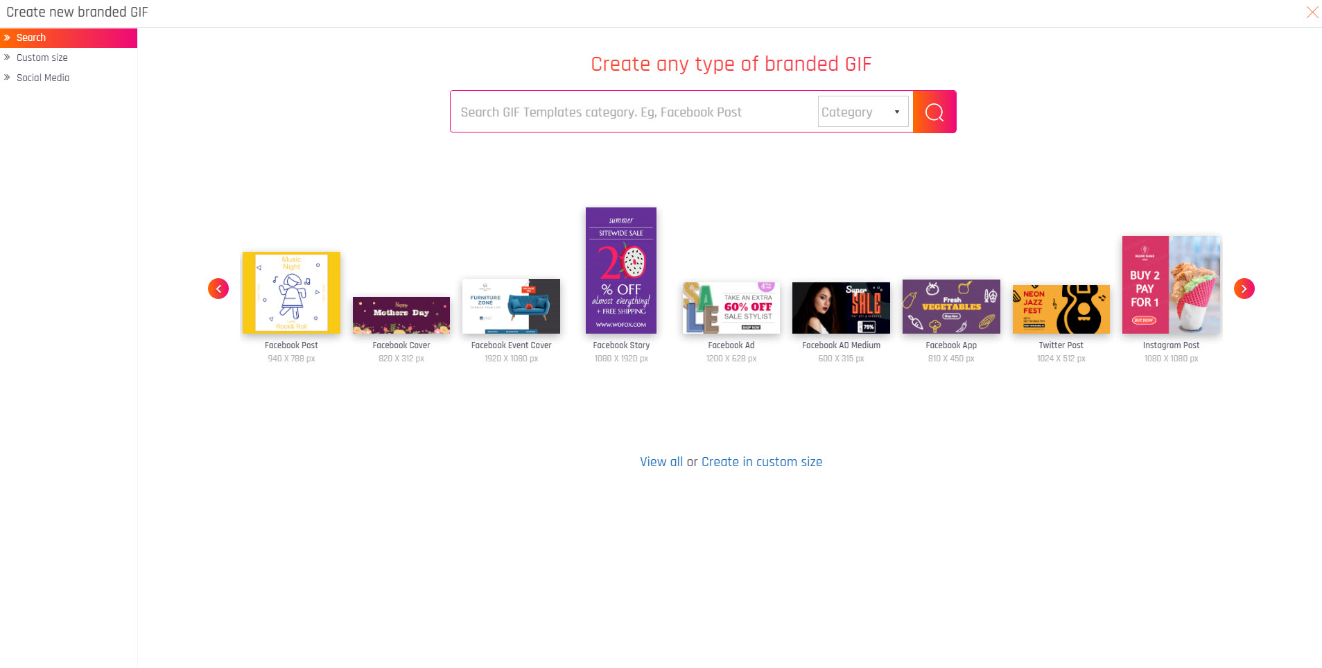 The template category window appears